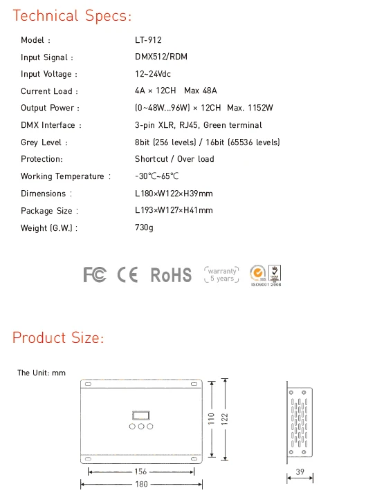 Новый Ltech Led dmx-декодер DC12V-24 В вход; 4A * 12CH 48A выход 1152 Вт RGB/RGBW 12 канала DMX декодер XLR-3/RJ45 Порты и разъёмы