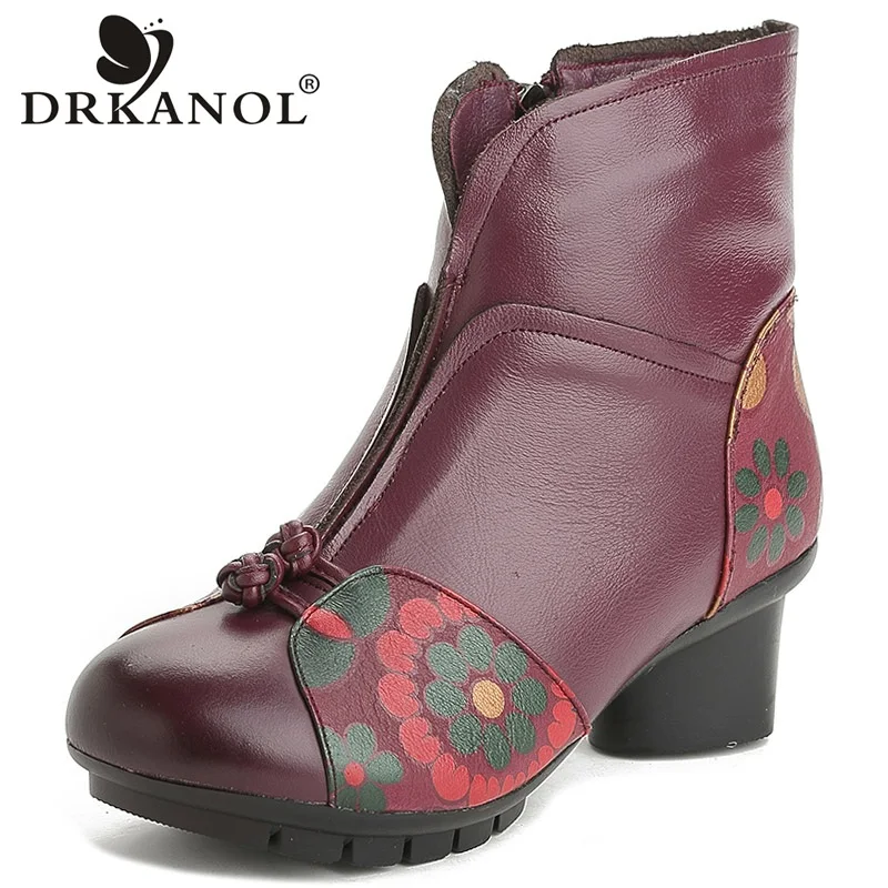 

DRKANOL 2019 New Design Retro Thick Heel Genuine Leather Winter Snow Boots Women Warm Ankle Boots Fashion Printing Cotton Boots