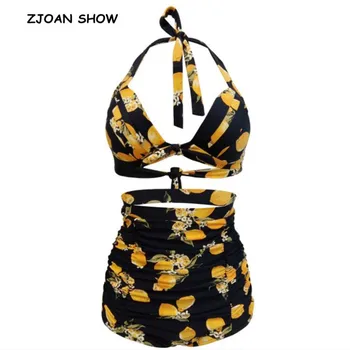 

Beach Set 2019 Sexy Bow Bandage Halter Collar High waist Orange Lemon Black Swim Bikini Women Bathing Suit Swimwear Swimsuit
