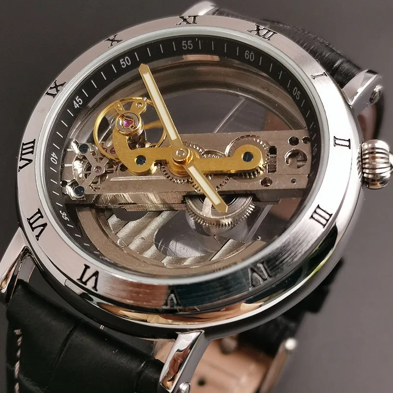 

Double Side Transparent Tourbillion Silver Case Mechanical Steampunk Men's Skeleton Clock Creative Mechanical Watch Forsining