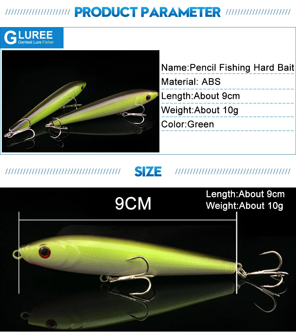 GLUREE-1Pcs-9cm-10g-Pencil-Hard-Fishing-Lures-Hard-Baits-Treble-Hooks-Wobbler-Artificial-Baits-Carp-Fishing-Tackle-Green_03