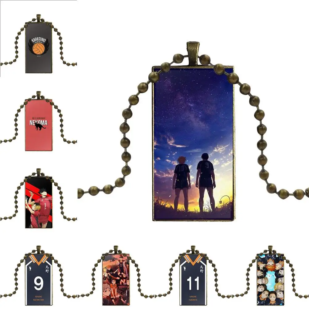 

For Women Party Haikyuu Nekoma Bronze Color Glass Cabochon With Rectangle Shaped Pendant Choker Necklace