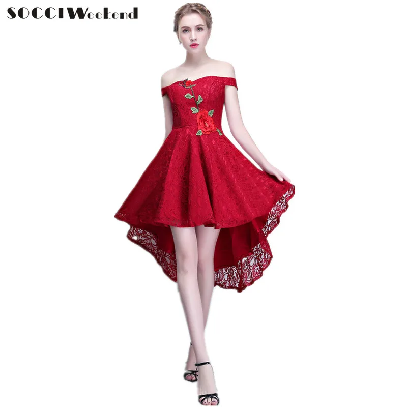 

SOCCI Weekend Cocktail Dress Off The Shoulder New Simple Elegant Bride Lace High/low Sleeves Formal Party Gown Robe De Soiree