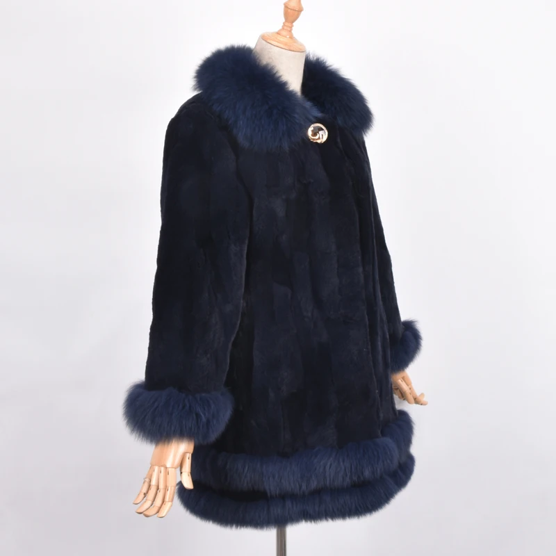 Naturel Mode De Outwear Fourrure Dark Col Haute Chaud Vestes Renard Femmes Hiver Réel Blue Qualité Manteaux Lapin noir Manteau H48qxw66d