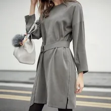 Alishebuy Fashion Women’s O-neck Drop-Shoulder Sleeve Casual Loose Dress With Belt