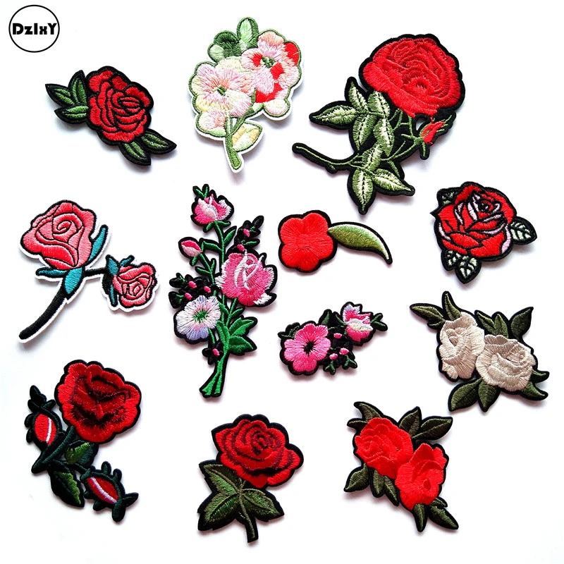 

1 PCS Rose Flowers parches Embroidered Iron on Patches for Clothing DIY Motif Stripes Clothes Stickers Custom Badges @F