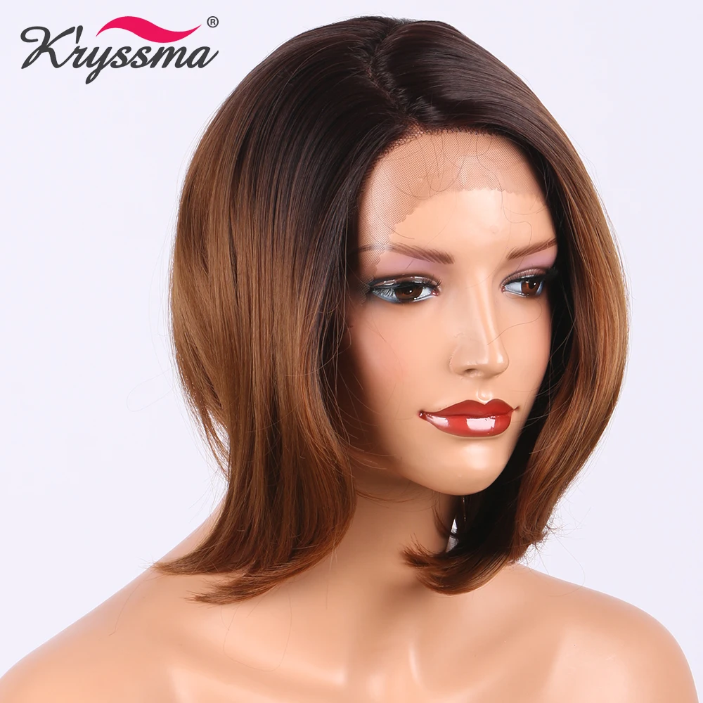 

Ombre Wig Dark Roots to Brown Synthetic Lace Front Wig Two Tones Deep Parting L Part Short Wigs for Women Heat Resistant Fiber