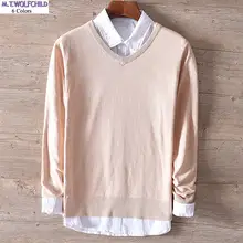 Весенние мужские трикотажные однотонные свитеры с длинными рукавами и v-образным вырезом, повседневные мужские трикотажные костюмы из хлопка, осенние мужские тонкие Топы