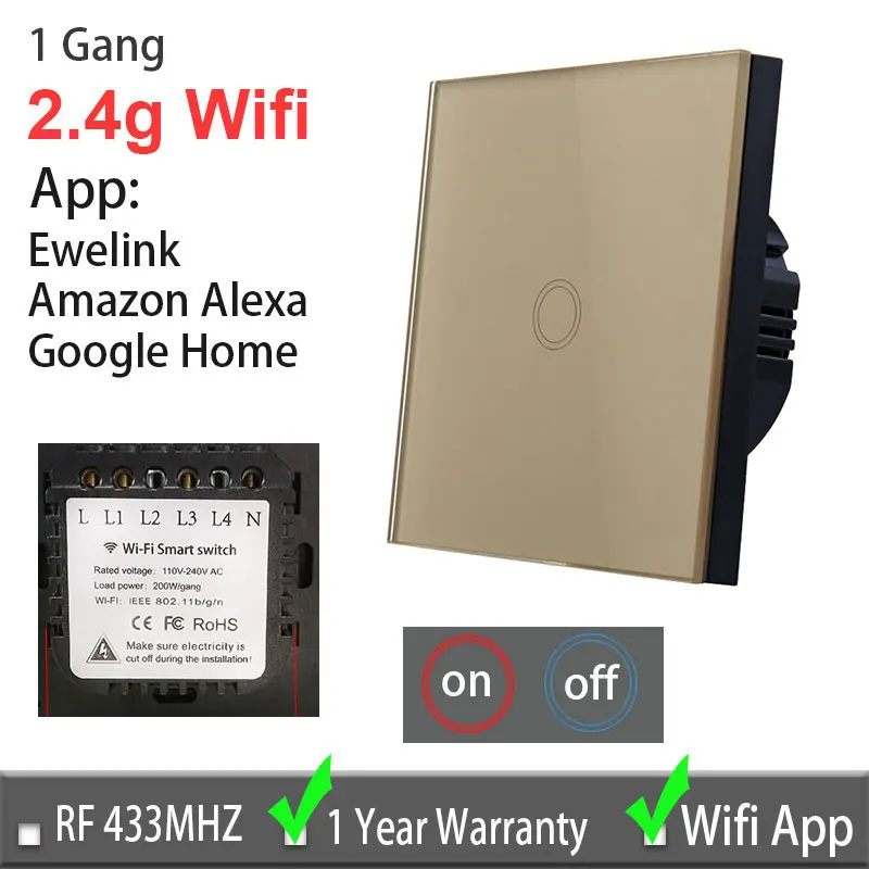 Настенный сенсорный выключатель Vhome, RF433mhz панель сенсорного переключателя для умного дома, EV1527 стандарт ЕС/Великобритания Wifi управление Ewelink приложение, умный дом - Цвет: Wifi 1 gang