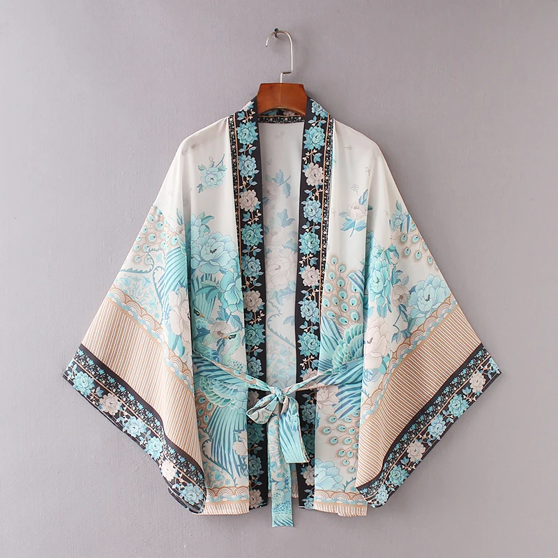 

Kimono New Arrival Summer Blouse 3/4 Sleeve Fashion Beach Print Cardigans Sashes Kimono Women Holiday Blouse Batwing Sleeves