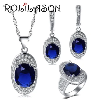 

ROLILASON Silver ingots blue For women Earrings Necklace Rings Jewelry Sets USA size #6#7#8#9#10 JS720