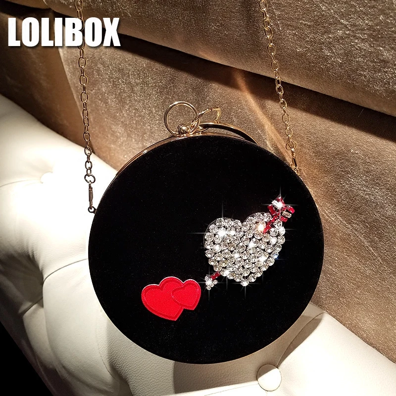 

LOLIBOX Luxury Handbags Women Bags Designer Round Rhinestones Love Embroidery Evening Clutch Bags Small Evening Party Bags