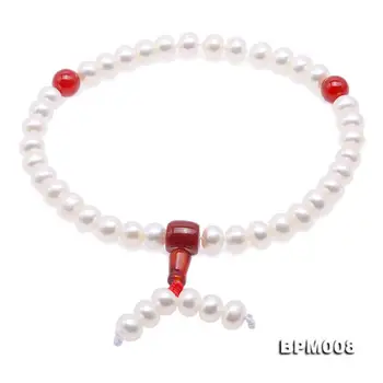 

Unique Pearls jewellery Store Buddhism boutique 7-7.5mm White 18pcs Natural Freshwater Pearl Red Agate Elastic Bracelet