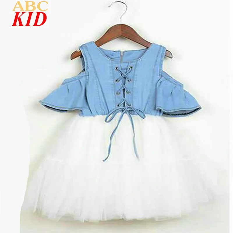 

Summer 2017 New Girls Jeans Dress Mesh Denim Patchwork Dresses Kids Lace Up Off Shoulder Dress Princess Vestido Ball Gown BDS029