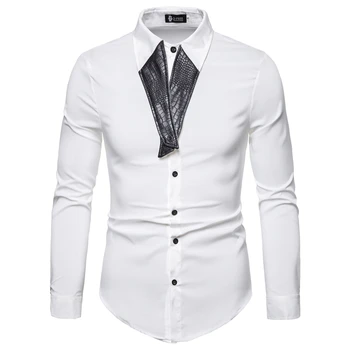 

2019 New Foreign Trade Leisure Fashion Individuality Clipping PU Leather Stitching Collar Large Size Man Long Sleeve Shirt