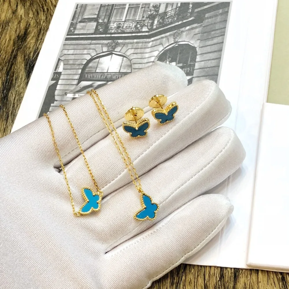 

Hot 925 sterling silver wedding jewelry set butterfly mini stud earrings white shell blue color stone necklace and bracelet set