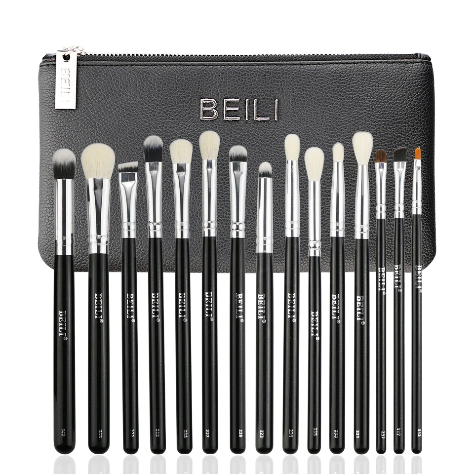 

BEILI Black 15Pcs Natural Goat Pony hair Eye shadow Blending Eyeliner Eyebrow Smoke shade Makeup brush Set with bag