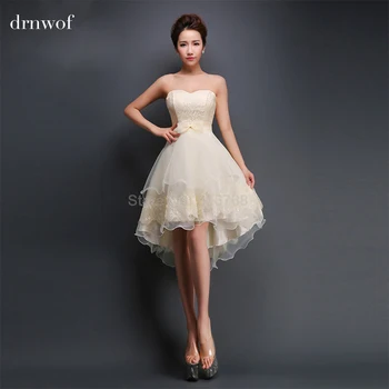 Brand New Sexy Strapless Short Homecoming Dresses Cheap 2017 Prom Hi-Lo Lace Bow Party Formal Dress Summer Style Color Champagne