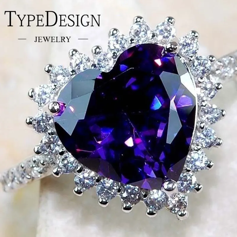 

Romantic Lover Big Purple Heart Ring 925 Anillos Silver Inlay CZ Stone Engagement Ring Vintage Party Wedding Rings For Women
