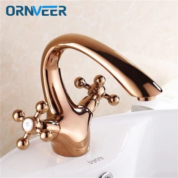 

Free Shipping Royal Gold Plated Double Handle Bathroom Faucet Rose Gold Brass Basin Sink Mixer Tap RG-006