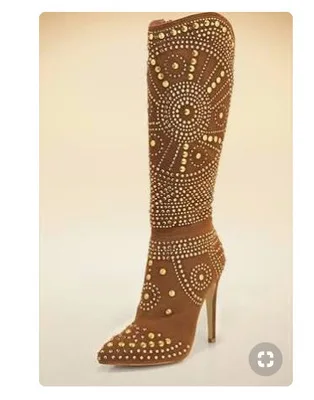 

Women Black Brown Suede Leather High Heel Long Boots Fashion Crystal Rivets Embellished Pointed Toe Knee High Boots Side Zipper