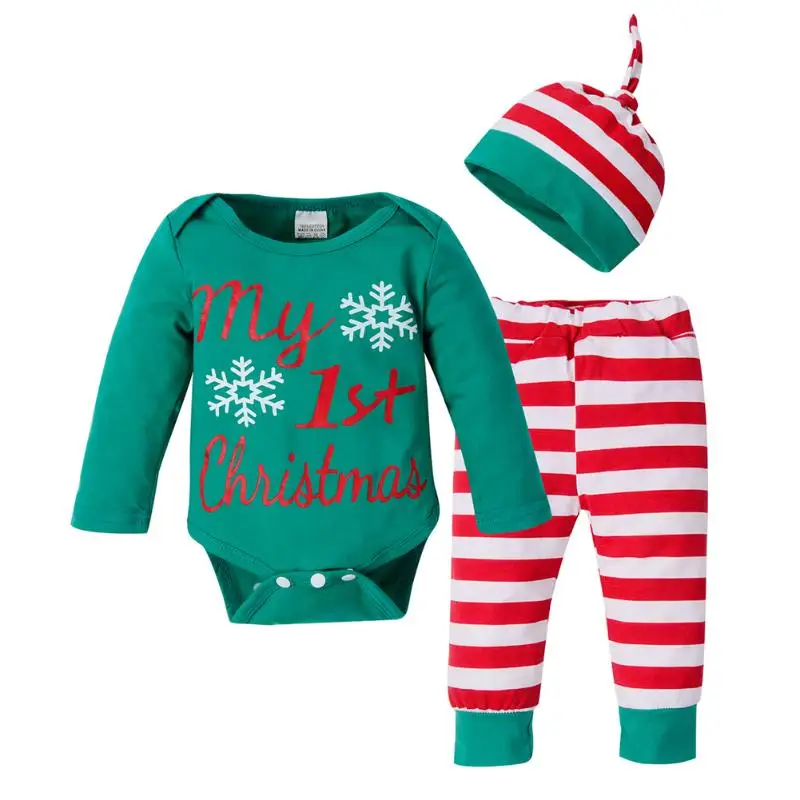 

3pcs Christmas Newborn Baby Clothes Boys Girls Letter Print Snowflake Romper + Striped Pants + Hat Outfits Set Baby Clothes Set