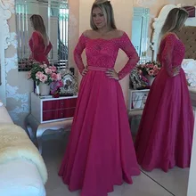 Romantische volle Hülsen A Linie Lange Abendkleid mit Perlen Gürtel vestido De Festa longo weg von der Schulter vintage prom Kleider