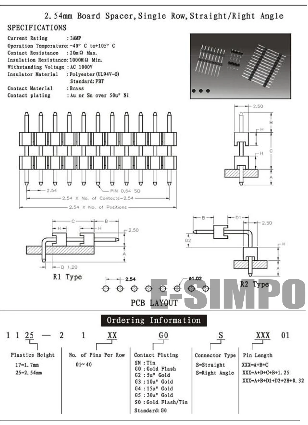 2.54 straight 90D board spacer single row