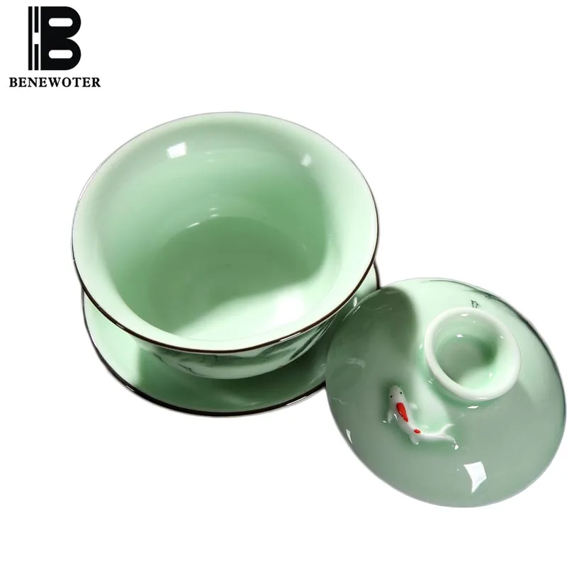 

170cc Vintage Longquan Celadon Emboss Fish Gaiwan Household Drinkware Hand Painted Landscape Pattern Puer Green Tea Kettle Gifts