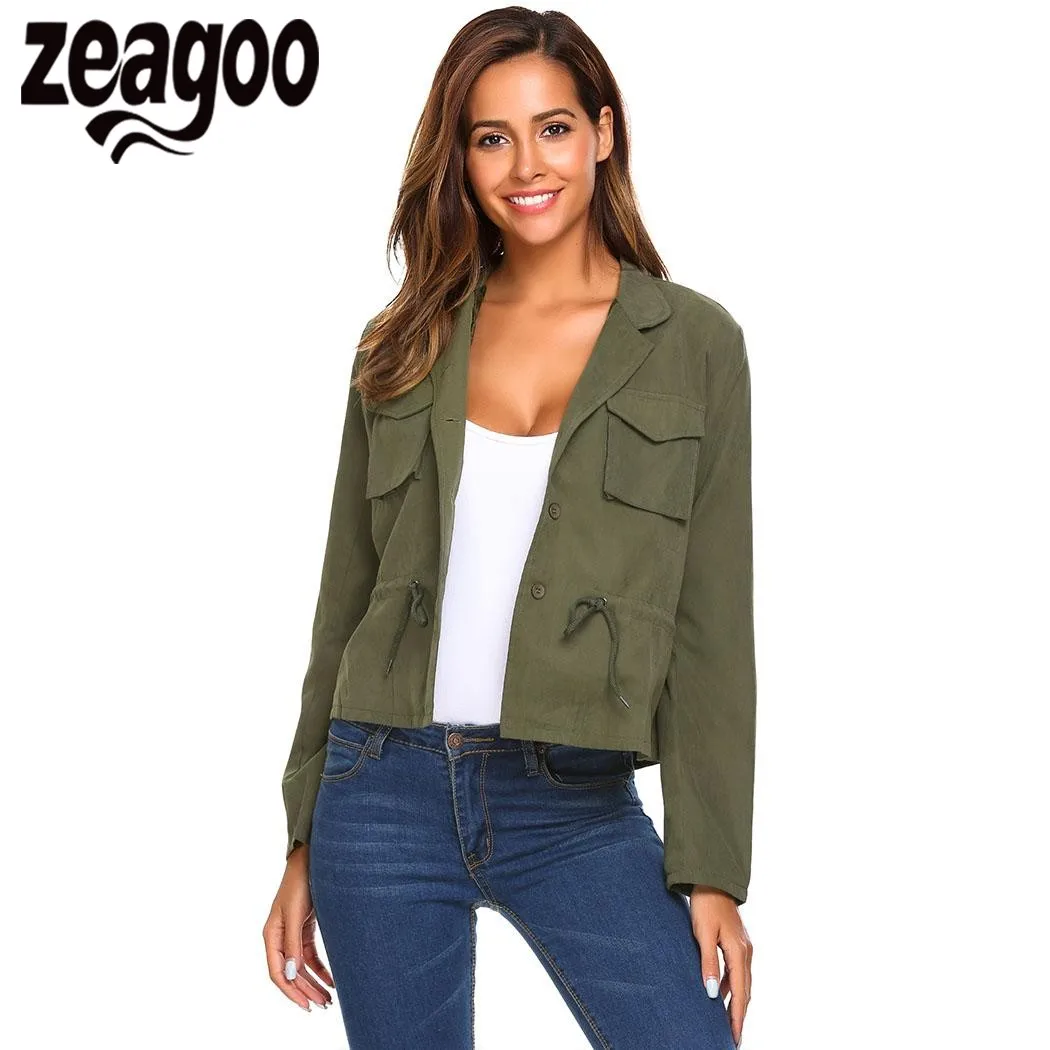 

Zeagoo Women Short Jacket Coat Lightweight Notch Lapel Drawstring Short Button Down Jacket with Pocket 2017 Autumn casacos