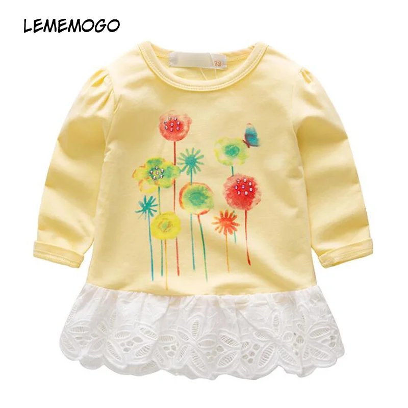 

Lememogo Casual Baby Girls Dress New Kids Lace Above Knee Mini Dress Princess Long Sleeve Print Clothes for Girl Dresses 1-4Year
