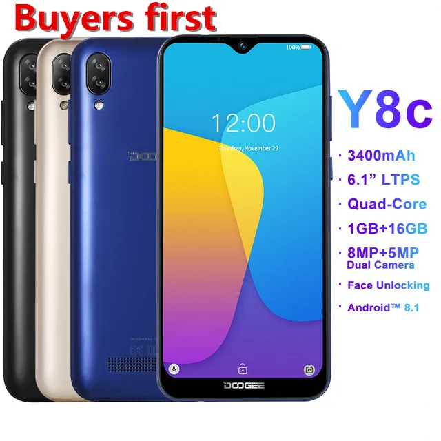 

2019 original DOOGEE Y8C 6.1" 19:9 Waterdrop Screen Smartphone Face ID 1GB RAM 16GB ROM 8MP 3400mAh Android 8.1 3G Mobile Phone