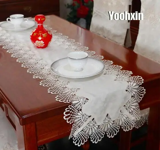 

Modern white lace satin embroidery table runner flag cloth cover nappe Christmas mantel tea tablecloth placemat wedding decor