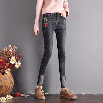 

Casual Flower Embroidery Jeans For Women Slim Denim Skinny Jeans Pants High Waist Push Up Jeans Patchwork Denim Pants Pencil