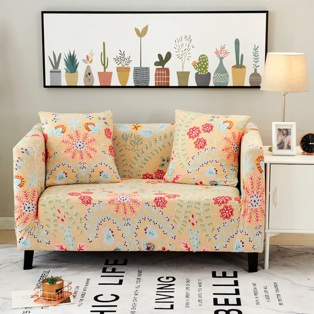 Tutubird Stretch Sofa Cover With Pillow Case Yellow Flower Tutubird Stretch Sofa Cover With Pillow Case Yellow Flower Print Couch Knitted Fabric Anti Slip Flexible Slipcover