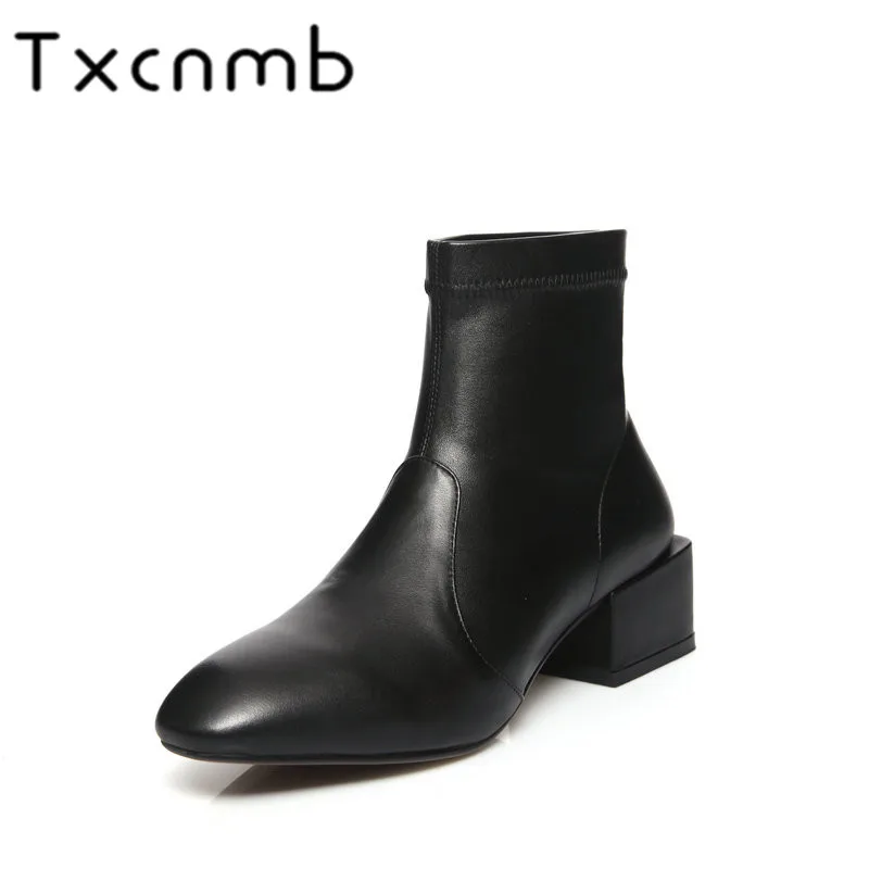 

TXCNMB 2019 Boots Women Ankle Boots for Women Winter Genuine Leather Boots High Heel Shoes Woman Black Slip-on