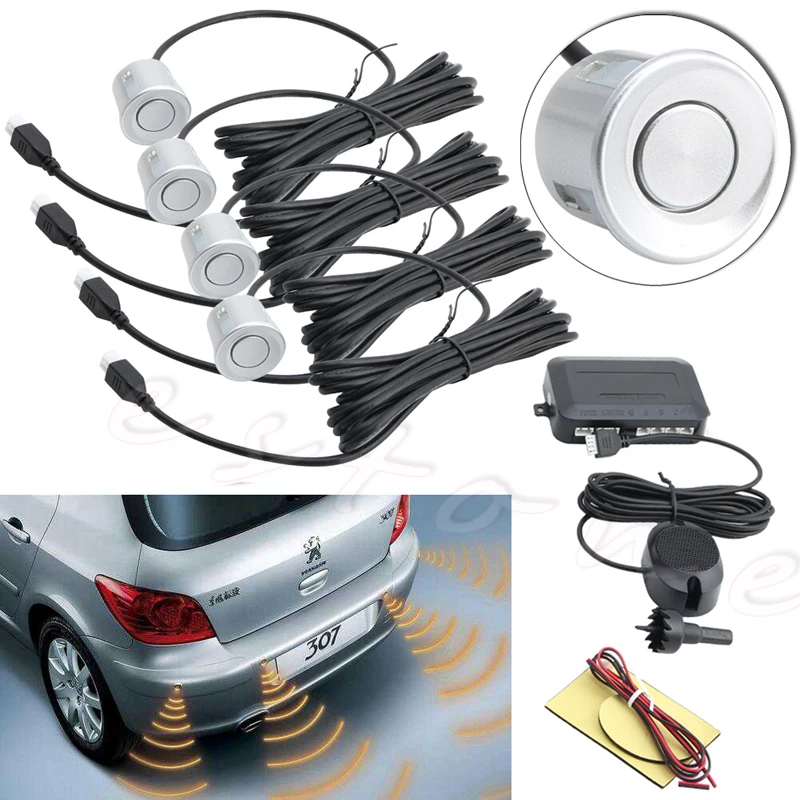 4 Parking Sensors Buzzer Car Reverse Backup Rear Radar System Sound Alarm Silver
