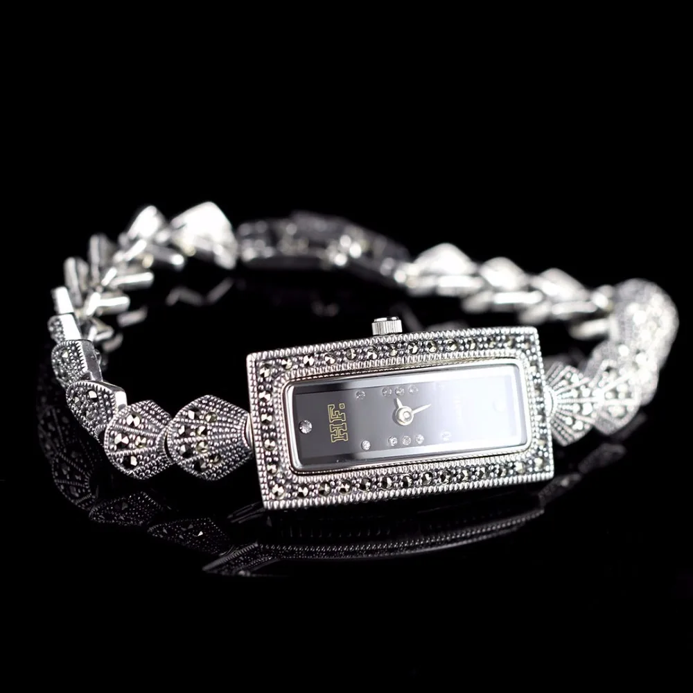 Бренд HF, высокое качество, женские кварцевые часы из настоящего серебра, S925, серебряный корпус, браслет, прямоугольные часы, настоящий Серебряный ремешок, браслет, часы