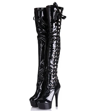 Пикантная модная обувь из лакированной кожи мотоциклетные сапоги до колен платформа 15 см ботинки на завязках большие размеры 34–45 - Цвет: Черный