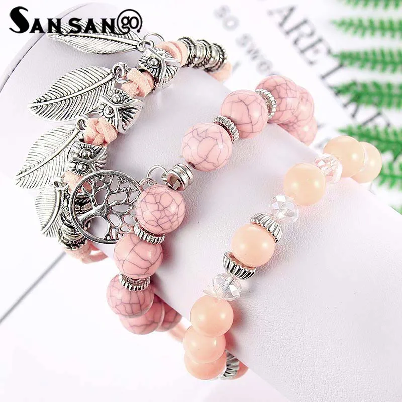 

3Pcs Pink Blue Multiple Color Beaded Bracelet With Tree Of Life Leaf Pendant For Women Men Unisex Jewelry Gift Adjustable Bangle