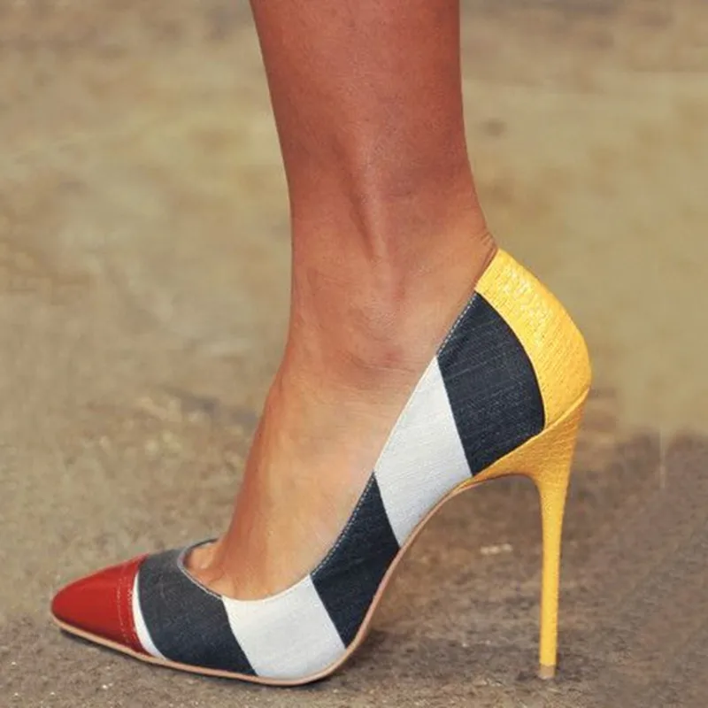 

SHOFOO shoes,Novelty beautiful free shipping, multi color cloth stitching, 11 cm high-heeled shoes, pointed toe pumps.SIZE:34-45