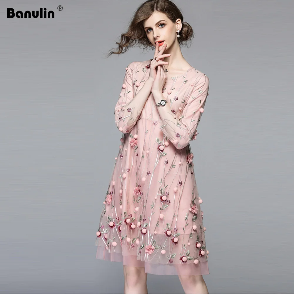 

Banulin New Runway Dresses Three Quarter Sheer Mesh Embroidery Beach Long Dresses Bohemian Summer Vestidos De Festa
