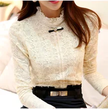 Women Lace Primer Blouse Feminine Long Sleeve Feminine Slim Stand Collar Bow Tie Shirt Plus Size 3XL Tops Blouse