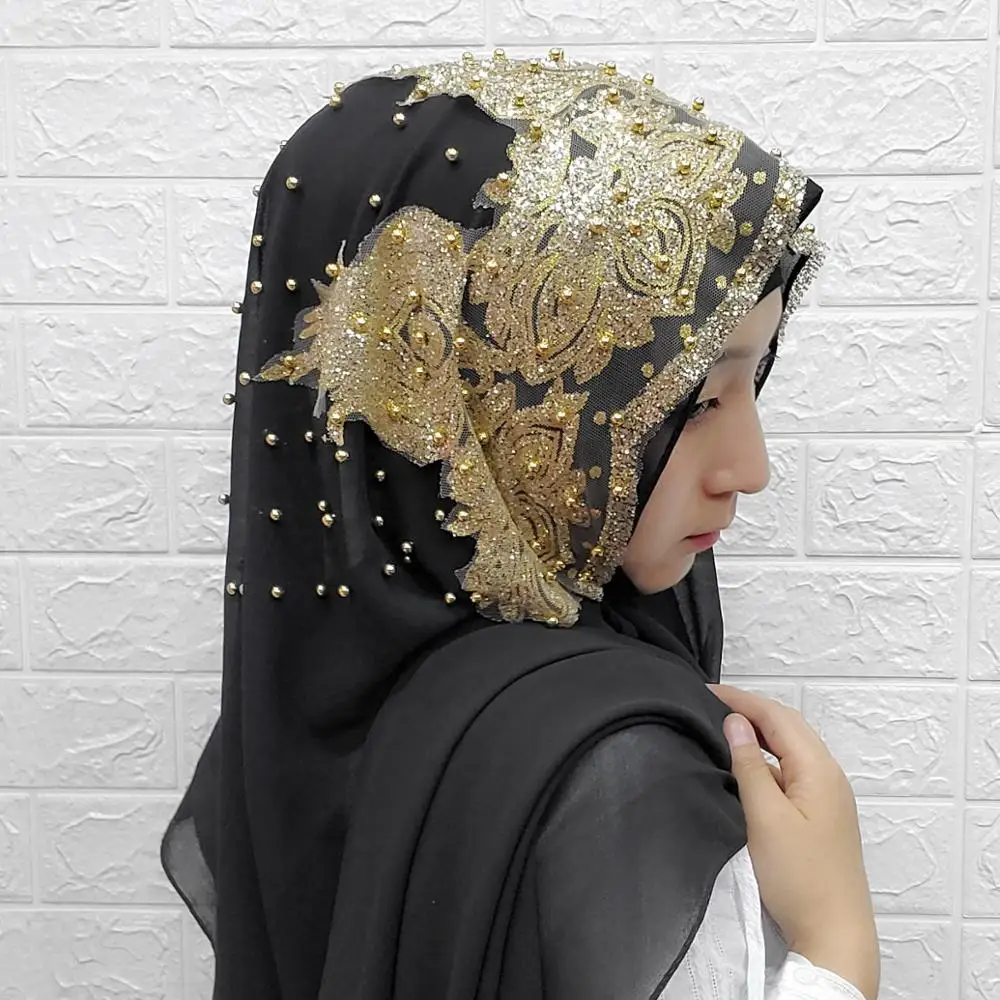 

Exquisite Woman hijab Solid Color Sequin Beading Sequins Chiffon Silk Popular Shawls Scarf Headband Muslim Turban abaya Pearl