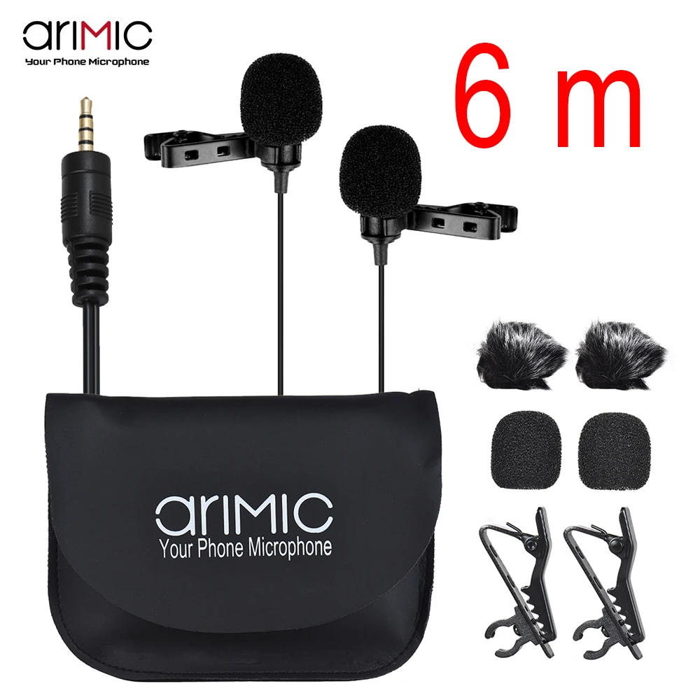 AriMic микрофон с двумя головками на лацкане петличный всенаправленный конденсаторный записывающий микрофон для iPhone Sumsang DSLR камера телефон - Цвет: 6m