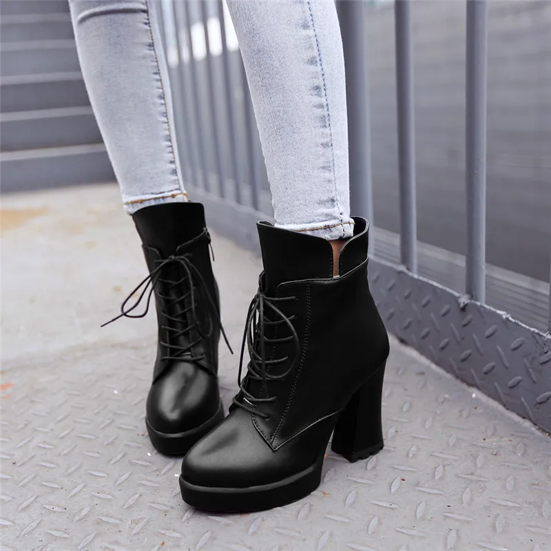 

YMECHIC 2018 Fashion High Heels Ankle Motorcycle Boots Gothic Punk Platform Ladies Shoes Black Wine Red Woman Boots Footwear 43