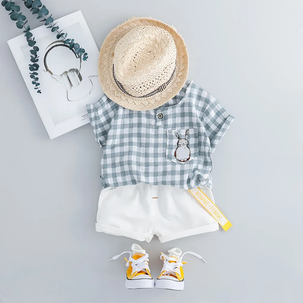 

Toddler Baby Kid Boy Cartoon Totoro Plaid T-shirt Tops Solid Short Pants Outfits newborn clothes roupa infantil boys clothing