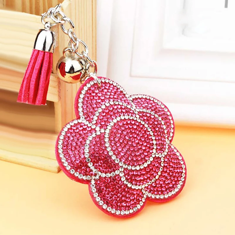 Valentine's Day Flower Keychain Tassel Leather Crystal Trinket Key Chain For Holder Purse Car Bag Pendant Handbag Ring Keychains