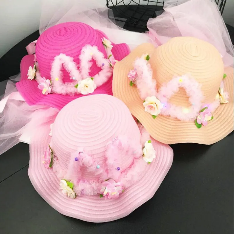 

Kids LED Flashing Lace Flower Garland Straw Hat Children Girls Light Up Sun Hat Party Hats Wedding