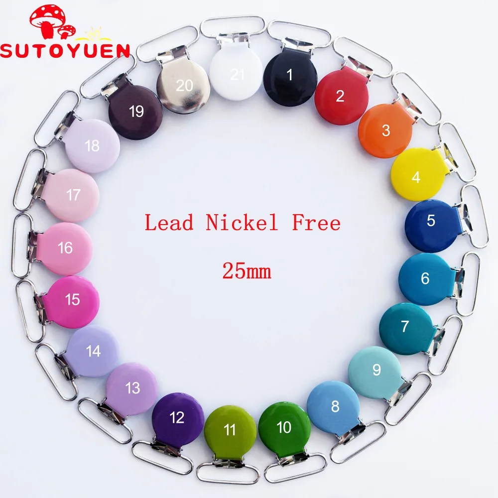 

Sutoyuen E-pack 10 pcs 1'' 25mm Wide 21 Color Metal Enamel Round Shape Pacifier Clips/Suspender Clips pacifier clips metal round